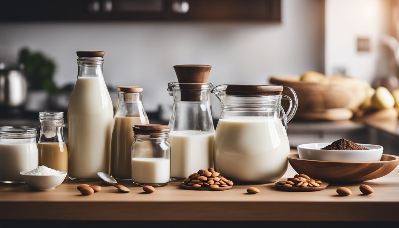Uma bancada de cozinha com vários ingredientes não lácteos, como leite de amêndoa, óleo de coco e chocolate sem leite, juntamente com tigelas de mistura e colheres medidoras.