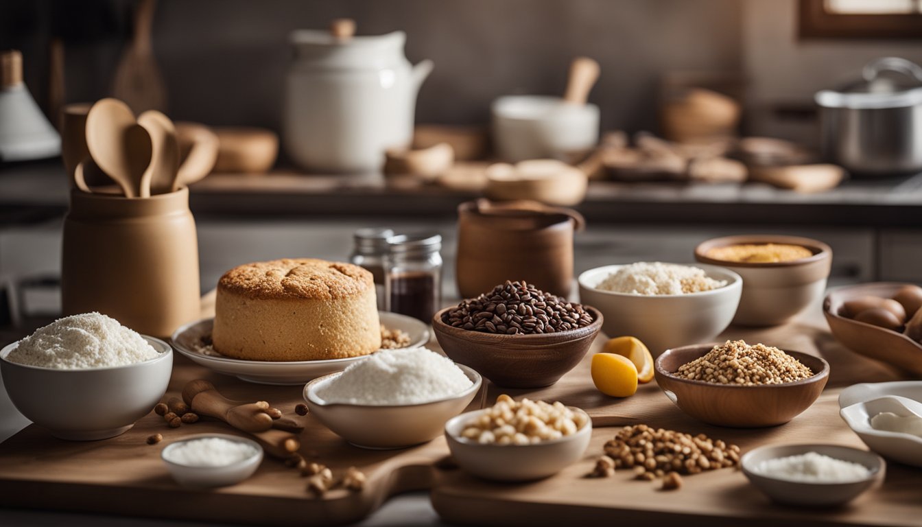 Uma bancada de cozinha com vários ingredientes e utensílios para assar bolos sem lactose