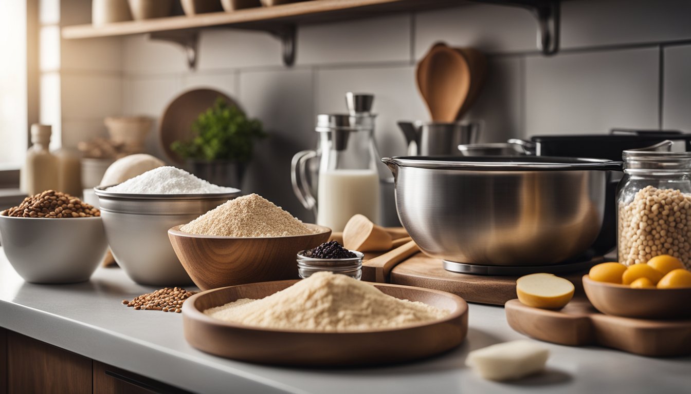 Uma bancada de cozinha com ingredientes e utensílios para assar, incluindo farinha, açúcar, leite vegetal e uma tigela de mistura.