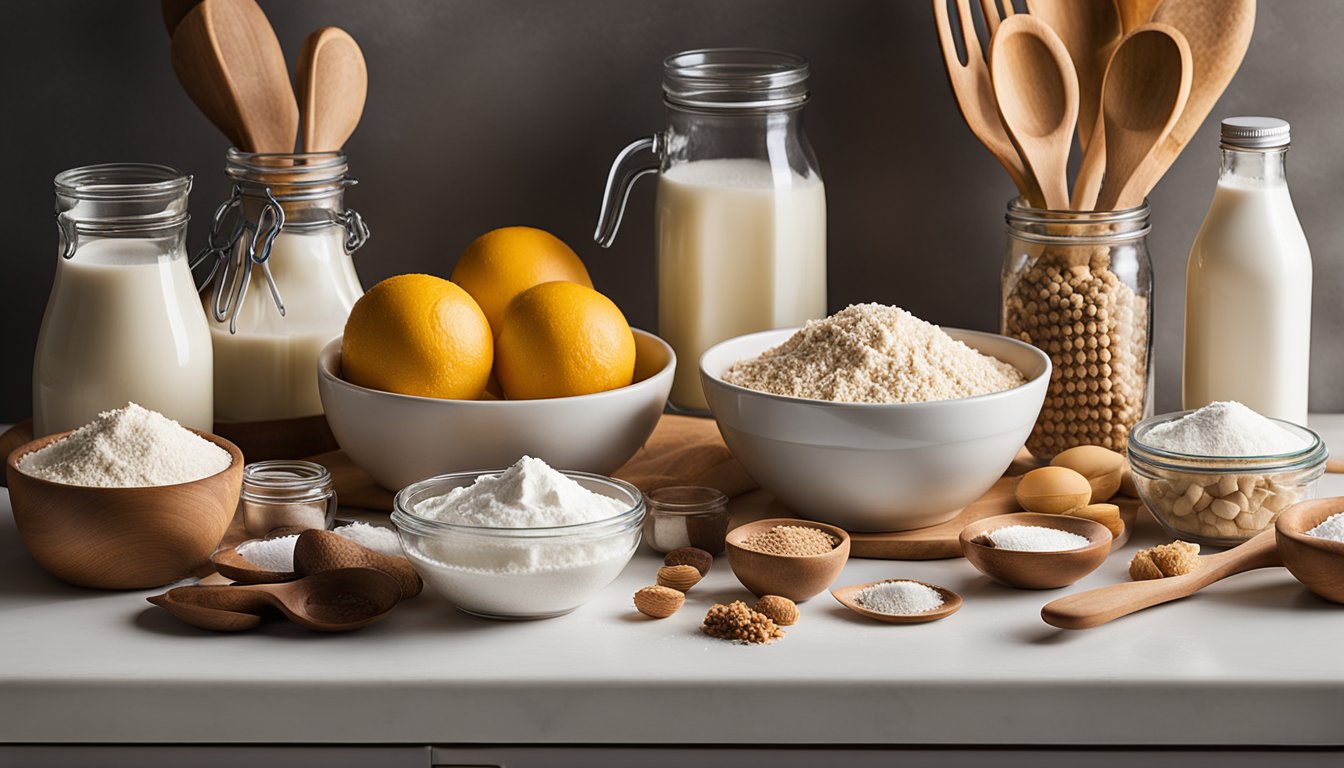 Uma bancada de cozinha com vários ingredientes e utensílios de confeitaria, incluindo leite não lácteo, farinha, açúcar e tigelas de mistura. Um livro de receitas aberto em uma página intitulada "Dicas para Personalizar suas Receitas Bolos Sem Lactose: 5 Receitas Simples e Deliciosas" é visível.