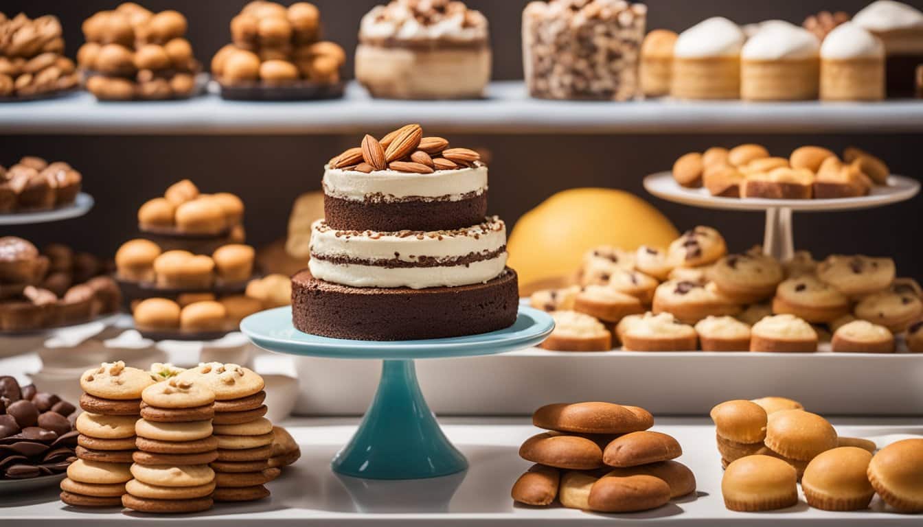 Uma bancada de cozinha com uma variedade de bolos e doces sem lactose recém-assados exibidos em pratos e suportes coloridos. Ingredientes como leite de amêndoa e chocolate sem laticínios estão visíveis nas proximidades.