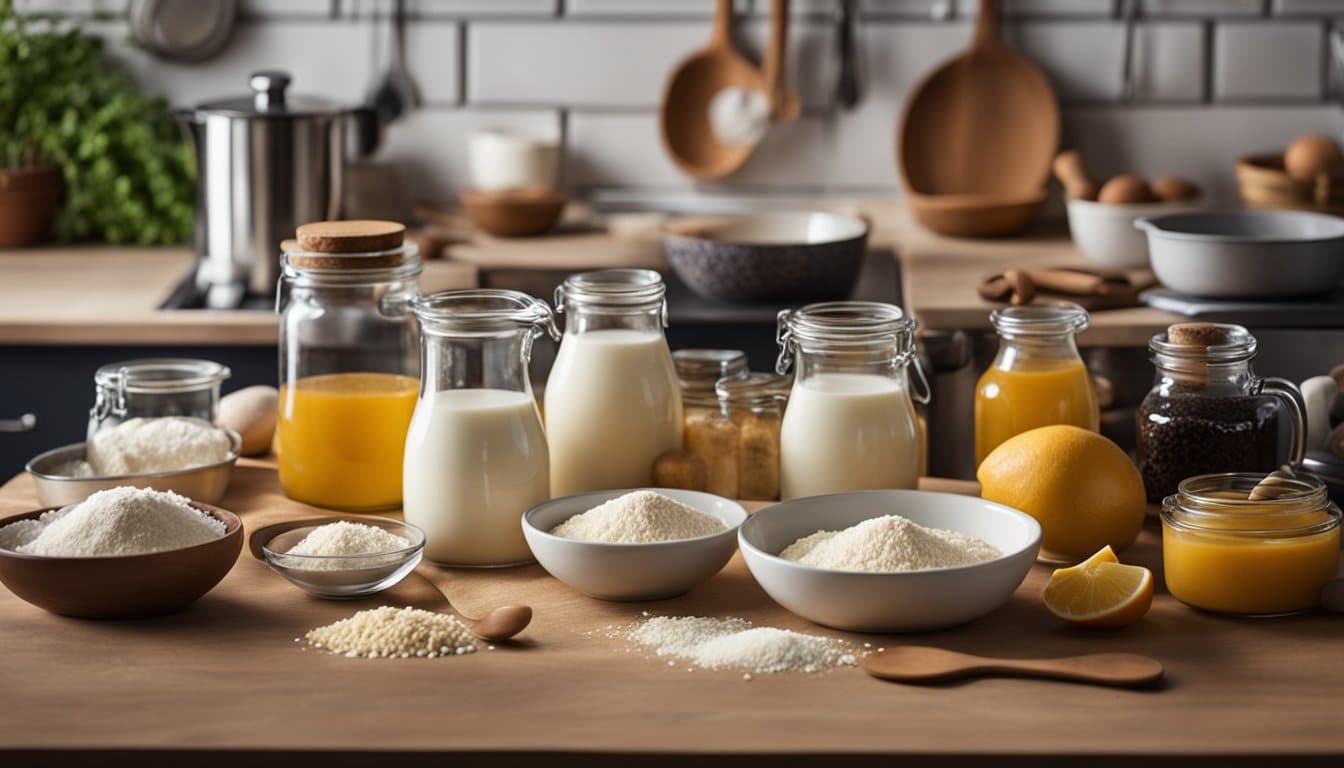 Uma mesa posta com ingredientes e utensílios de cozinha para fazer receitas de bolo sem lactose