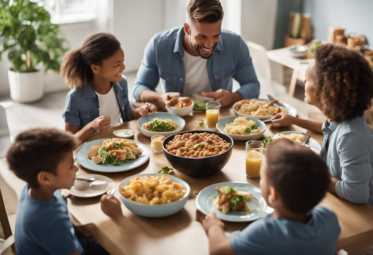 Uma família sentada ao redor de uma mesa desfrutando de uma refeição juntos, com uma variedade de pratos sem lactose e sem açúcar espalhados à sua frente.
