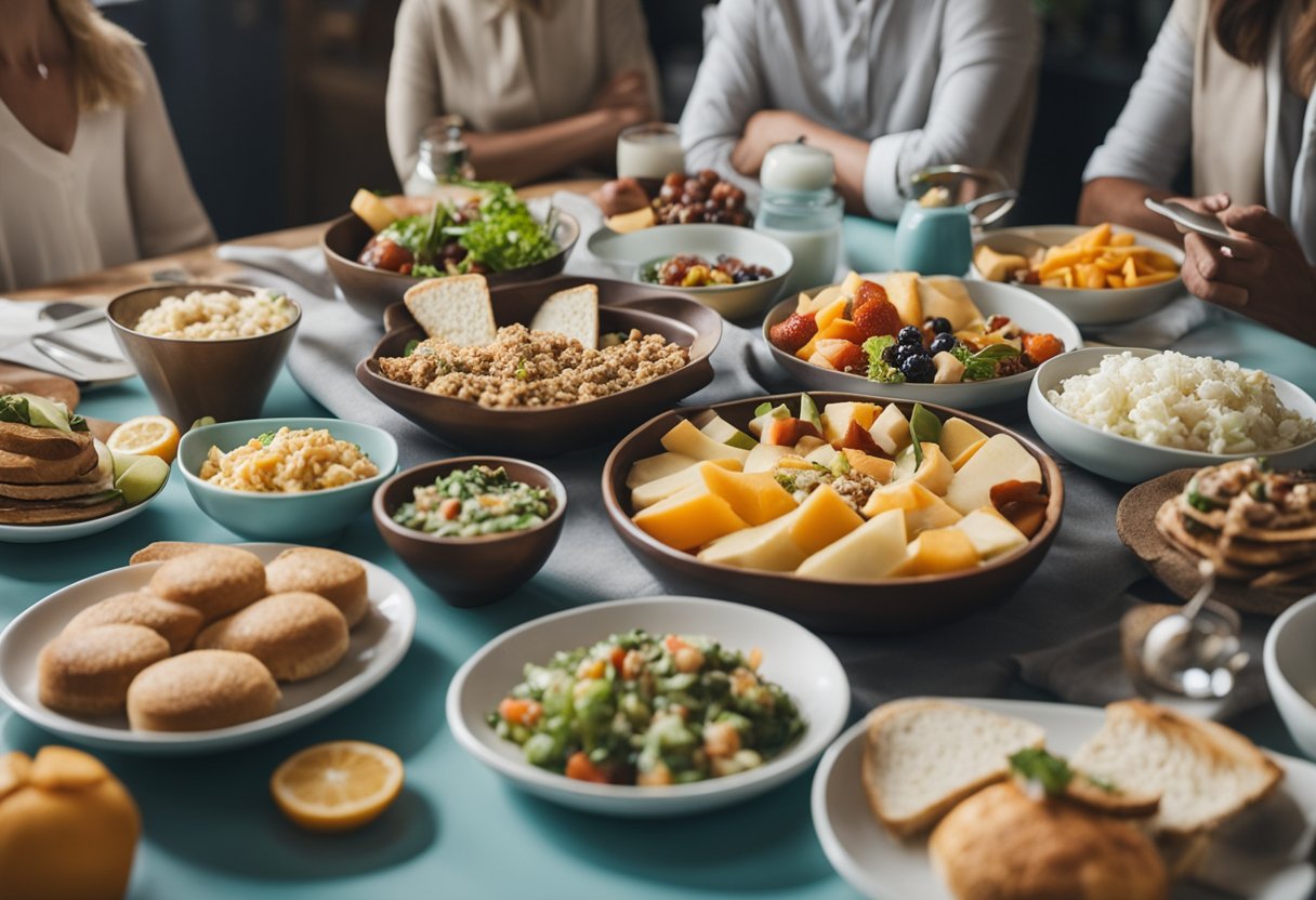 Uma mesa posta com um almoço colorido, sem laticínios e sem açúcar, cercada por curiosos com expressões de questionamento.