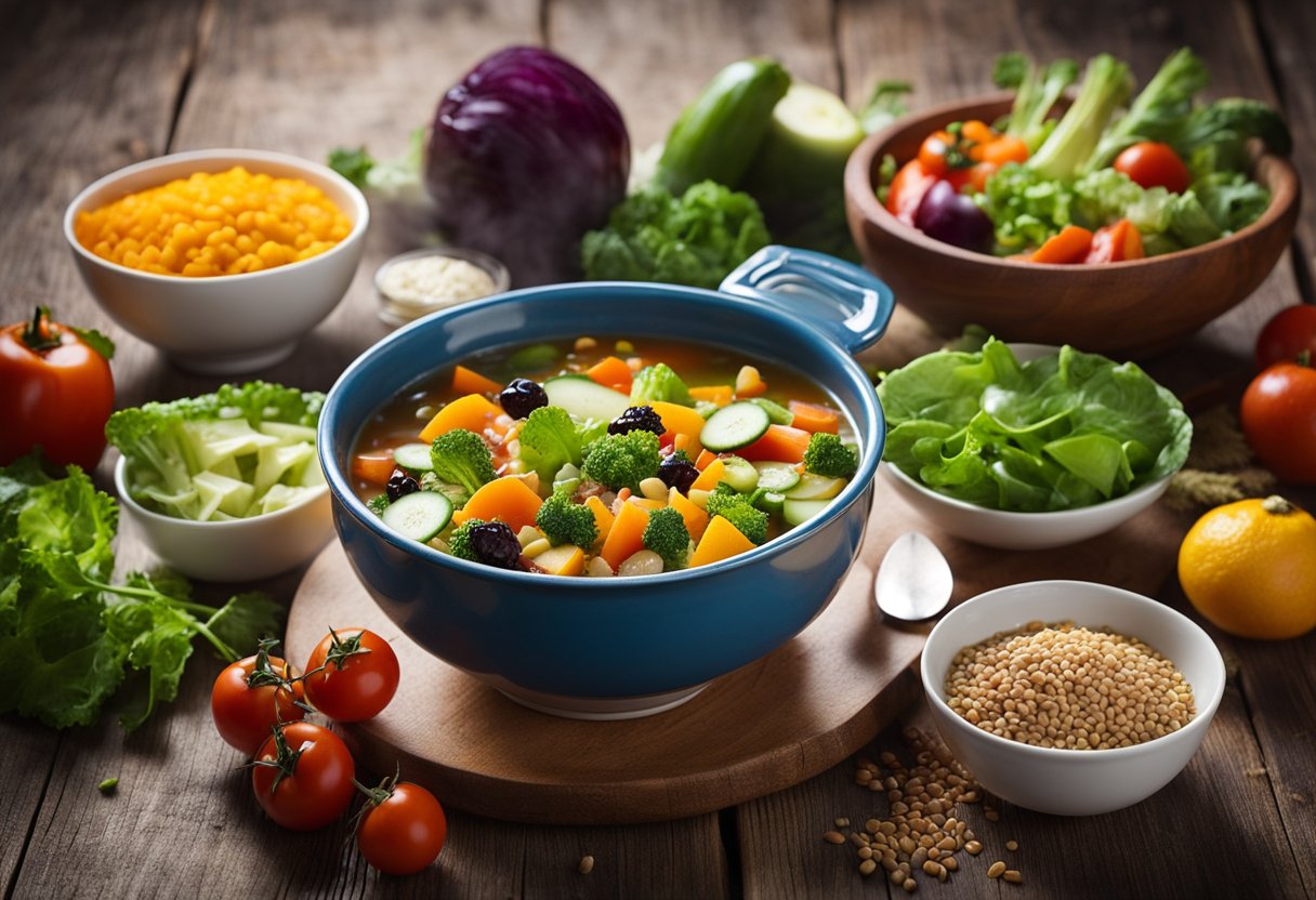 Uma mesa colorida com uma variedade de frutas frescas, legumes, grãos e proteínas magras, todos livres de lactose e açúcar.