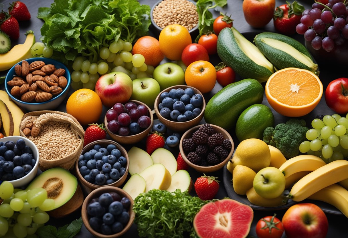 Um prato colorido com uma variedade de frutas frescas, vegetais, proteínas magras e grãos integrais, todos livres de lactose e açúcar.