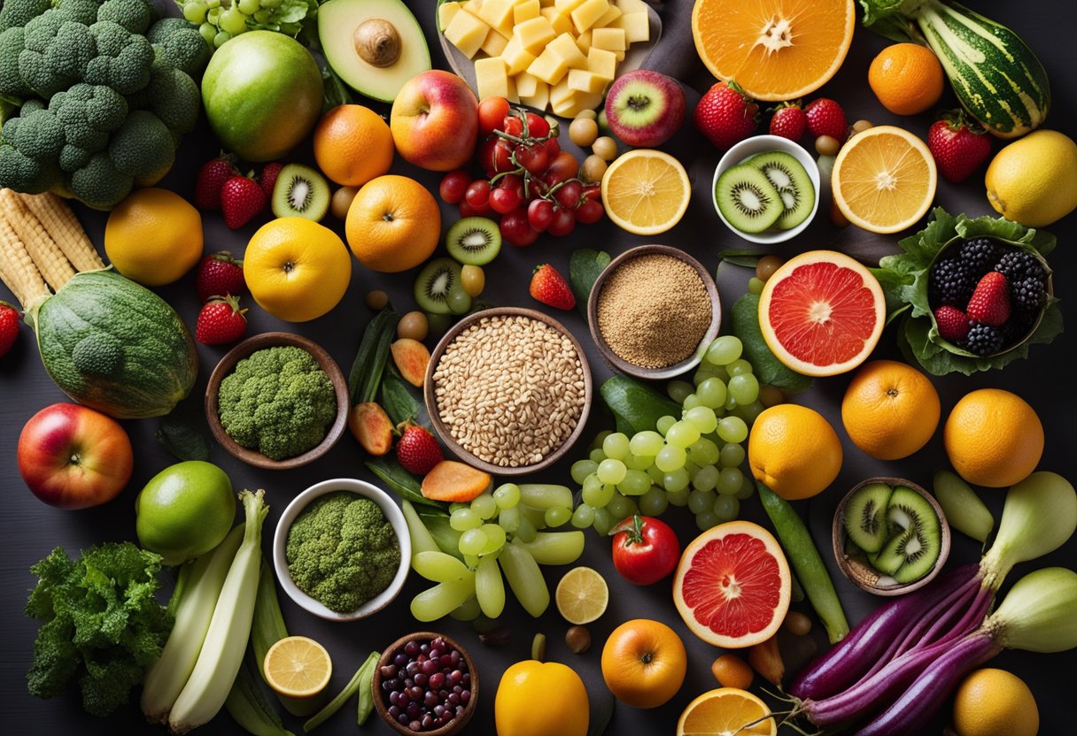 Uma variedade colorida de frutas frescas, vegetais, proteínas magras e grãos integrais dispostos em uma mesa moderna e limpa.