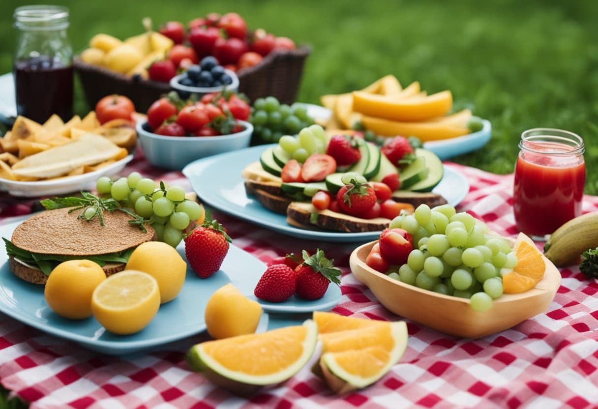 Um piquenique colorido com frutas frescas, vegetais e proteínas magras. Sem laticínios ou itens açucarados à vista.