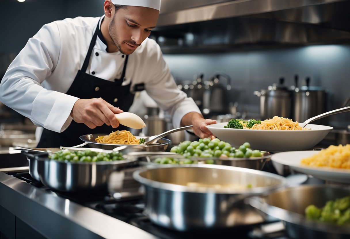 Um chef preparando cinco receitas de jantar gourmet sem lactose em uma cozinha moderna com ingredientes frescos e uma apresentação elegante.