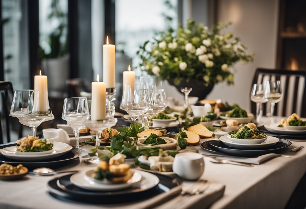 Uma mesa de jantar lindamente posta com configurações de lugar elegantes, cercada por cinco pratos gourmet, cada um feito com ingredientes sem laticínios e substituições sem lactose.