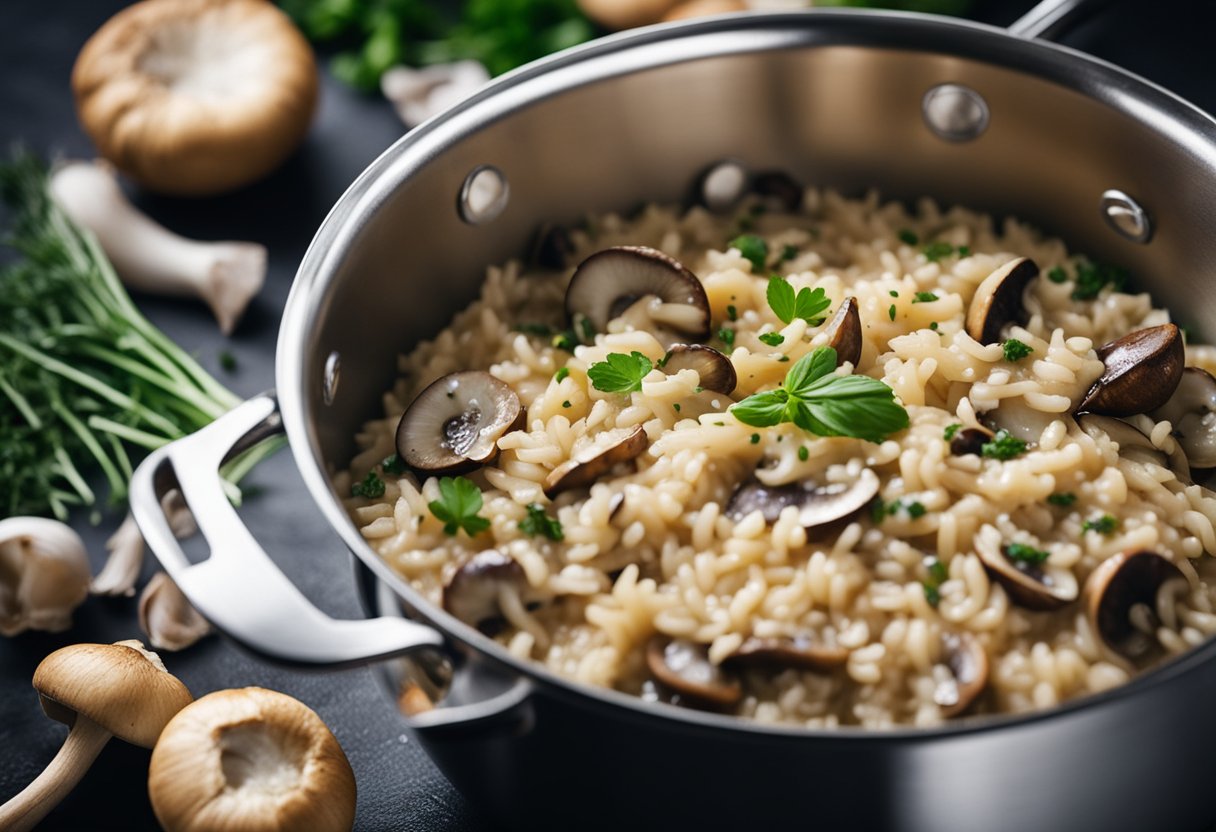 Uma panela fumegante de risoto de cogumelos cozinhando no fogão, cercada por ingredientes frescos como cogumelos, cebolas e ervas.