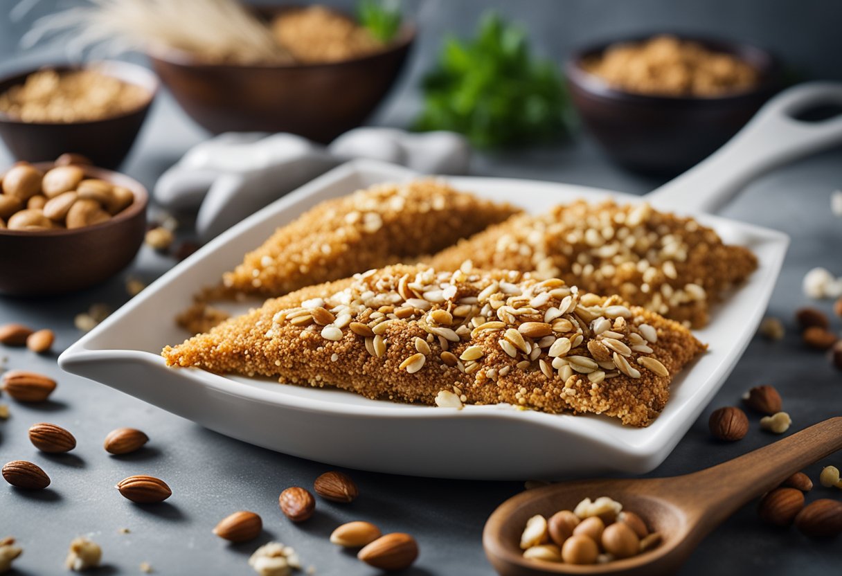 Um filé de peixe coberto com nozes trituradas, assando no forno. Uma variedade de nozes espalhadas ao redor, com um pilão e um almofariz por perto.