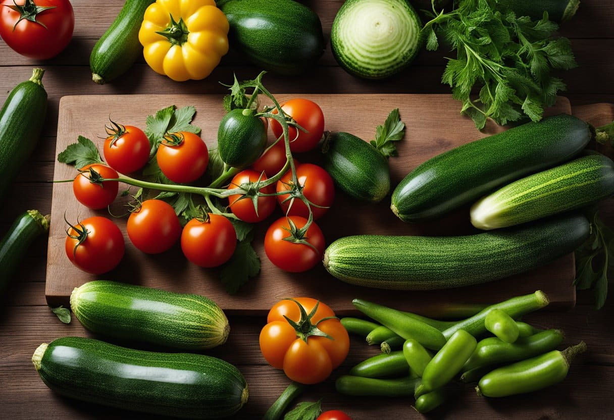 Uma colorida variedade de abobrinhas frescas, tomates e ervas dispostas em uma tábua de madeira rústica.