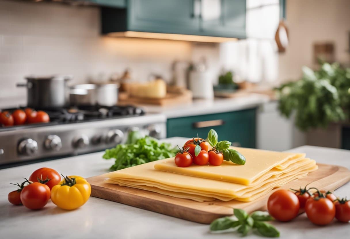 Uma bancada de cozinha colorida com ingredientes como queijo sem lactose, tomates e folhas de massa dispostos para fazer lasanha de queijo sem lactose.