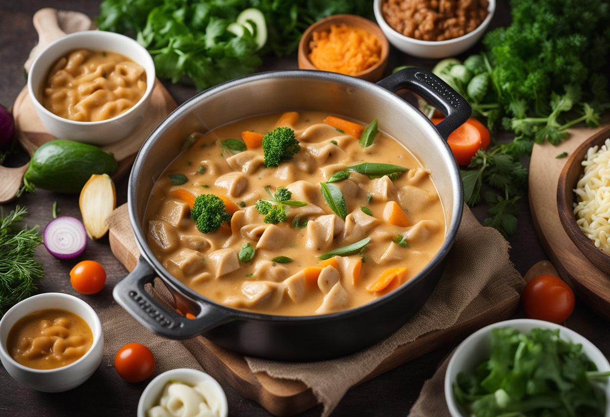 Um strogonoff cremoso e sem lactose cozinhando em uma panela, cercado por vegetais coloridos e ervas.