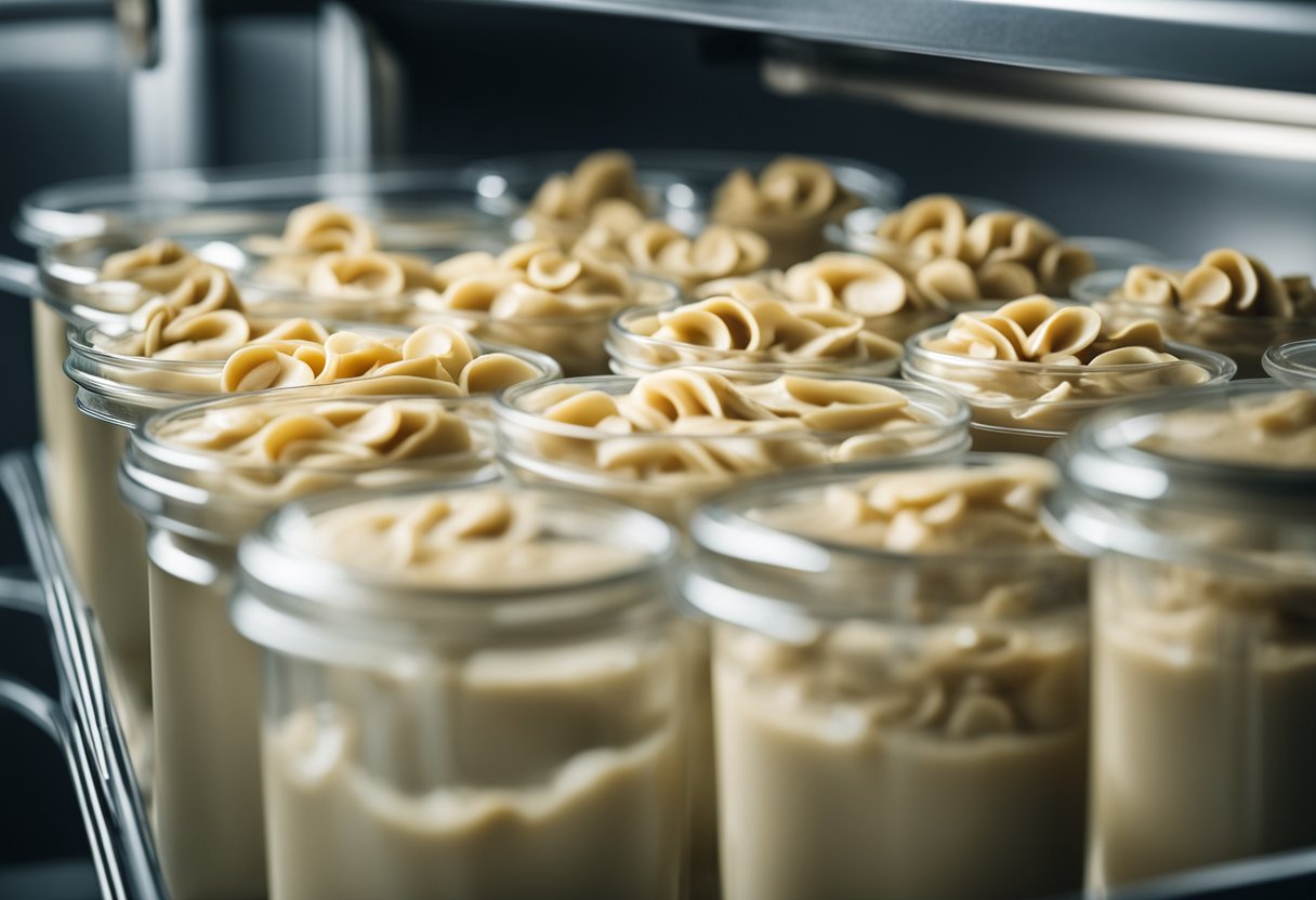 Um stroganoff cremoso sem lactose sendo cuidadosamente armazenado em um recipiente fechado na geladeira