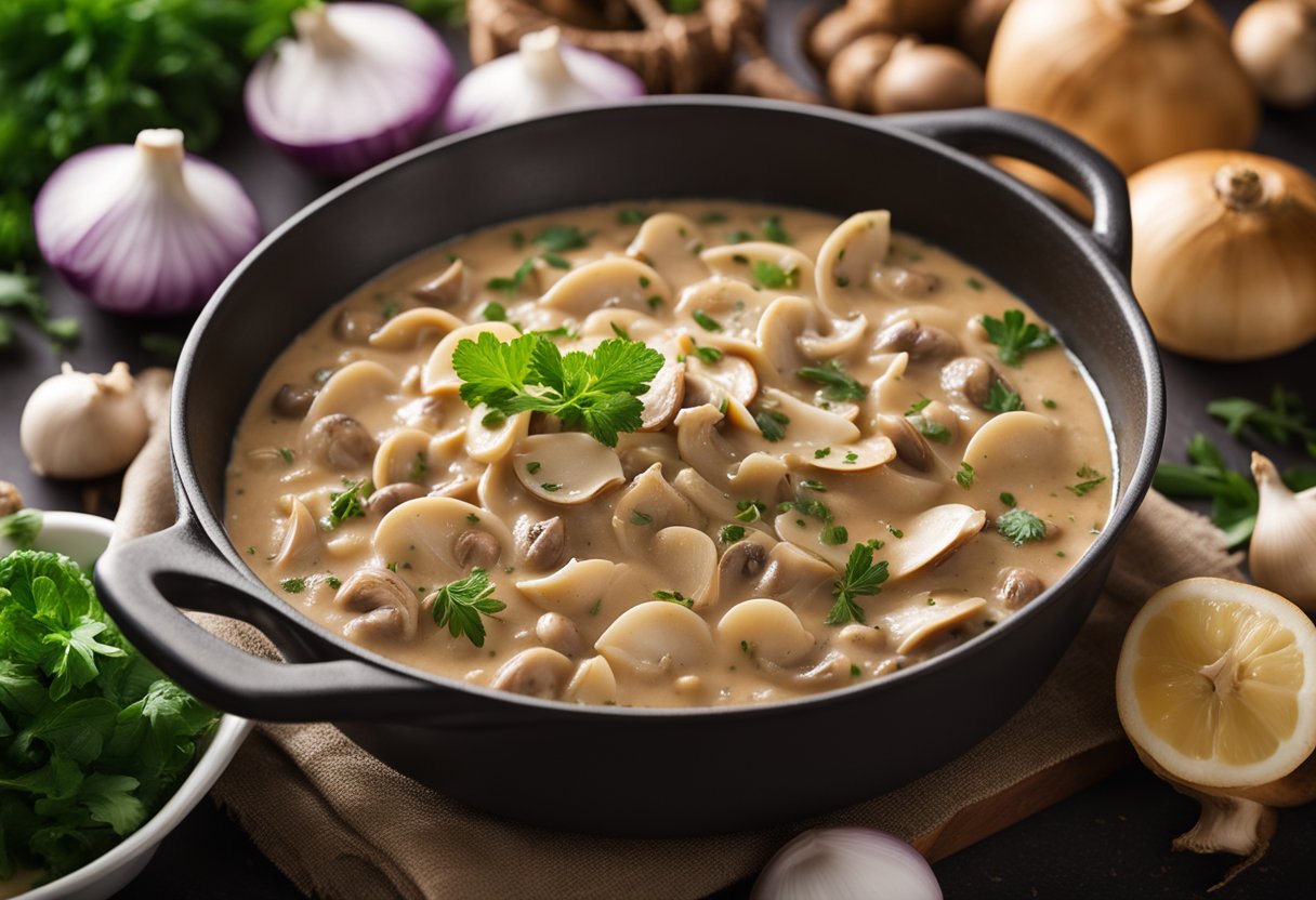 Um stroganoff cremoso e sem lactose cozinhando em uma panela, cercado por ingredientes frescos como cogumelos, cebolas e ervas.