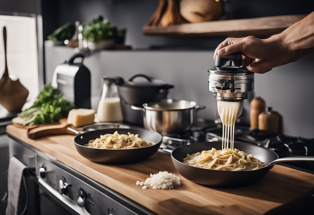Um stroganoff cremoso sem lactose sendo preparado em uma cozinha moderna, com ingredientes frescos e utensílios de cozinha elegantes.