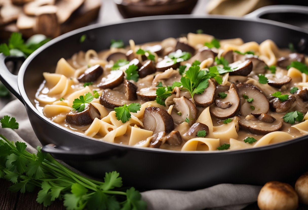 Um stroganoff cremoso, sem laticínios, cozinhando em uma panela, com cogumelos, cebolas e tiras de carne selada, decorado com salsa fresca.