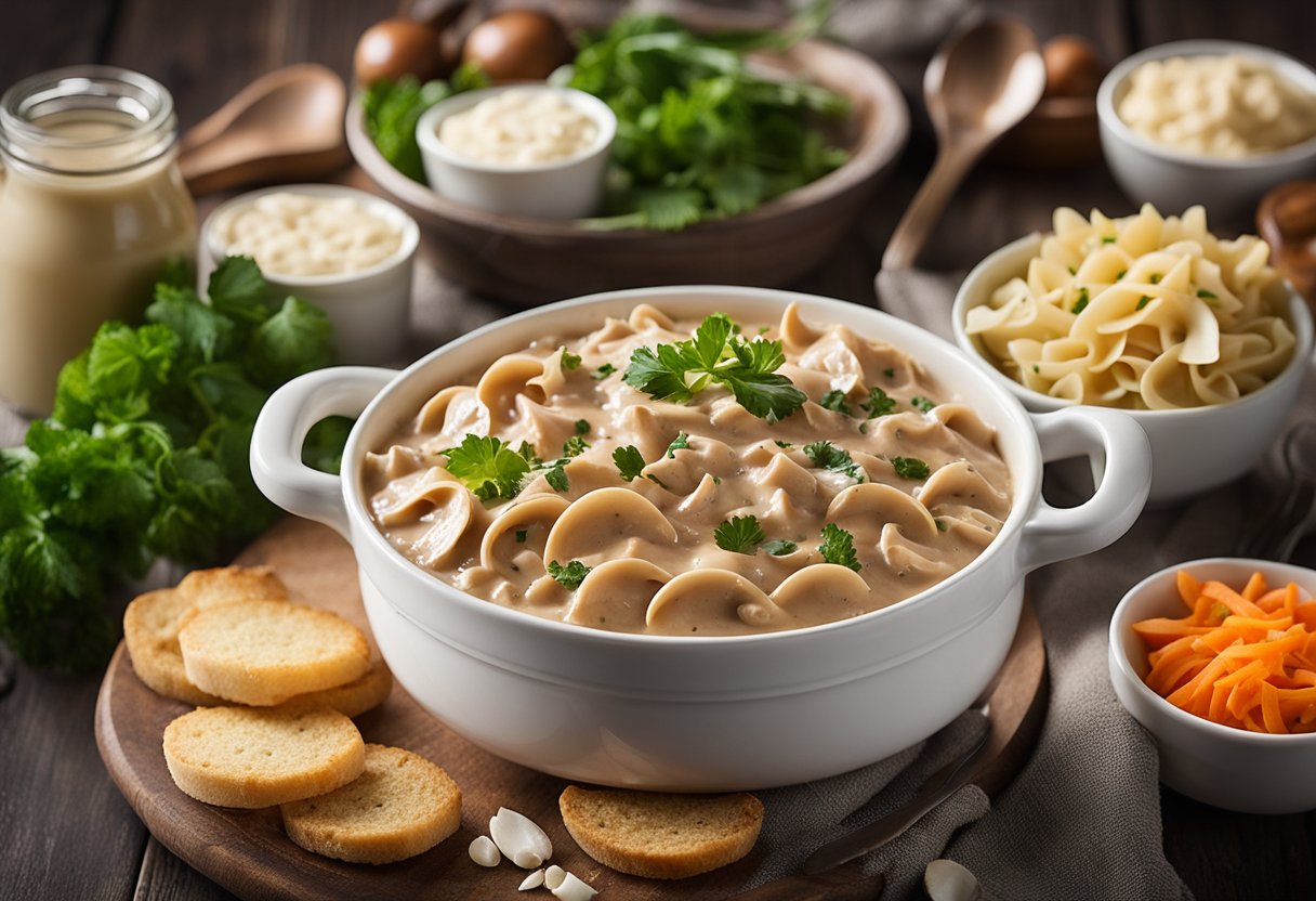 Um stroganoff cremoso e sem laticínios cercado por uma colorida variedade de acompanhamentos e adições