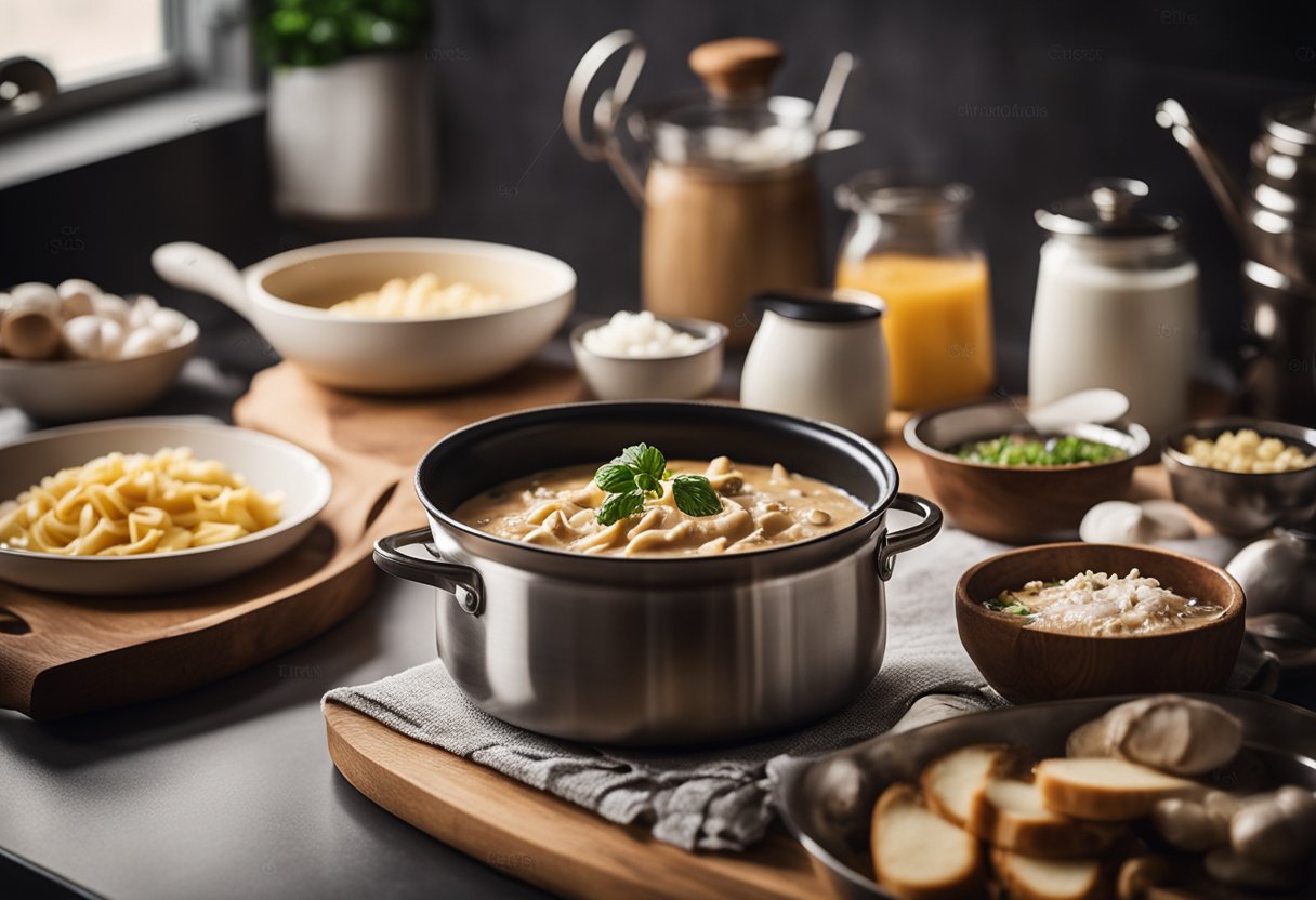 Uma bancada de cozinha com uma panela cozinhando um stroganoff cremoso e sem lactose, cercada por ingredientes e utensílios de cozinha.