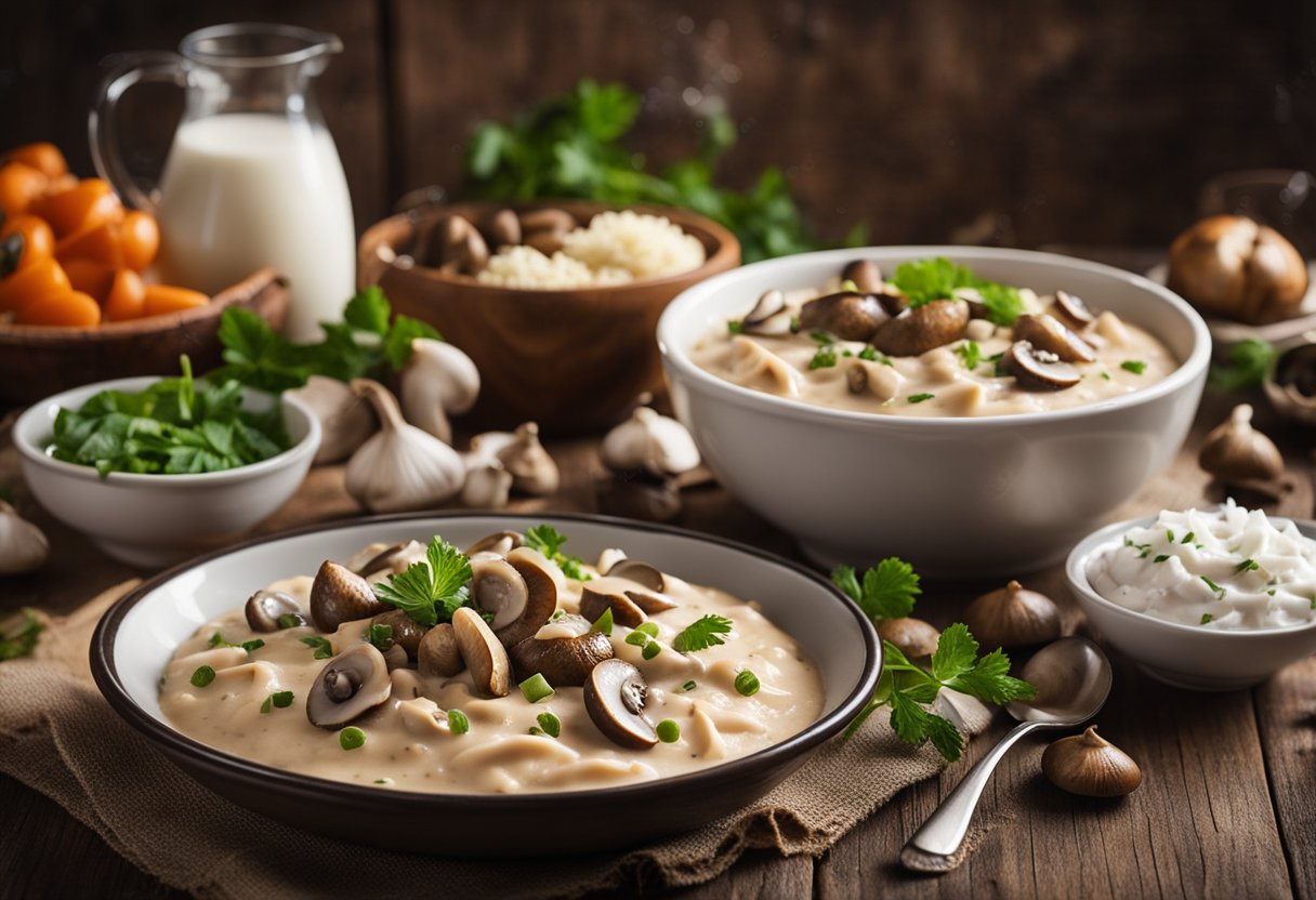 Uma mesa posta com uma panela fumegante de stroganoff cremoso, cercada por ingredientes sem laticínios como leite de coco, cogumelos e creme azedo vegano.