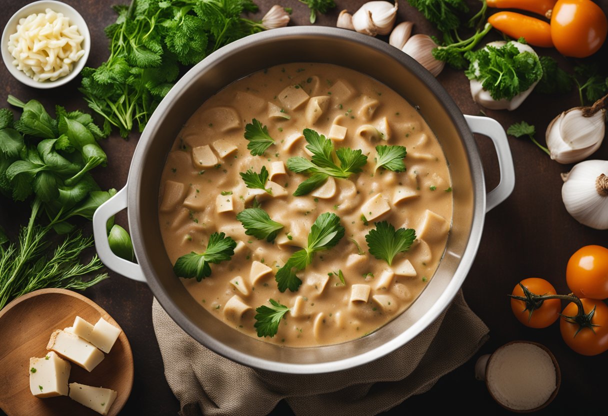 Uma panela de stroganoff cremoso sem laticínios cozinhando em um fogão, cercada por ervas frescas e vegetais