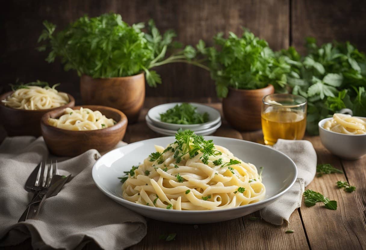 Um prato fumegante de macarrão Alfredo sem lactose, guarnecido com ervas frescas e servido em uma mesa rústica de madeira