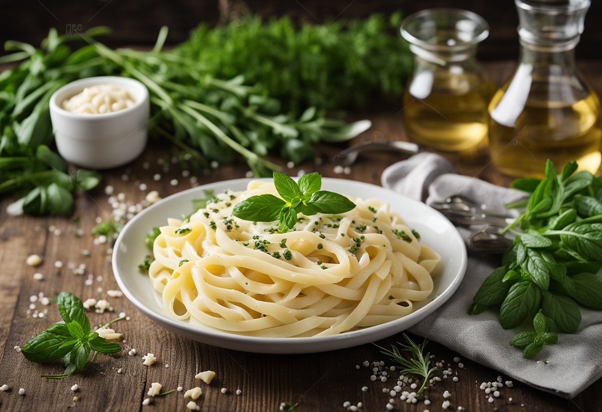 Um prato fumegante de macarrão Alfredo sem lactose em uma mesa rústica de madeira, cercado por ervas frescas e uma pitada de pimenta-do-reino.