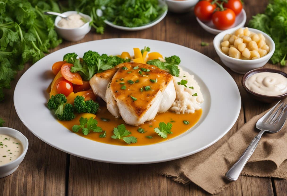 Um prato de frango com molho branco com molho sem lactose, rodeado de ervas frescas e vegetais coloridos