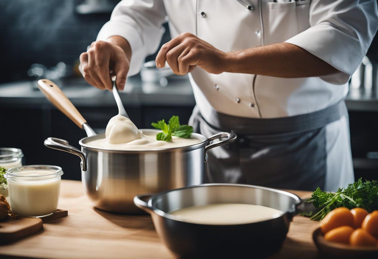 Um chef mexendo uma panela de molho branco sem laticínios para frango