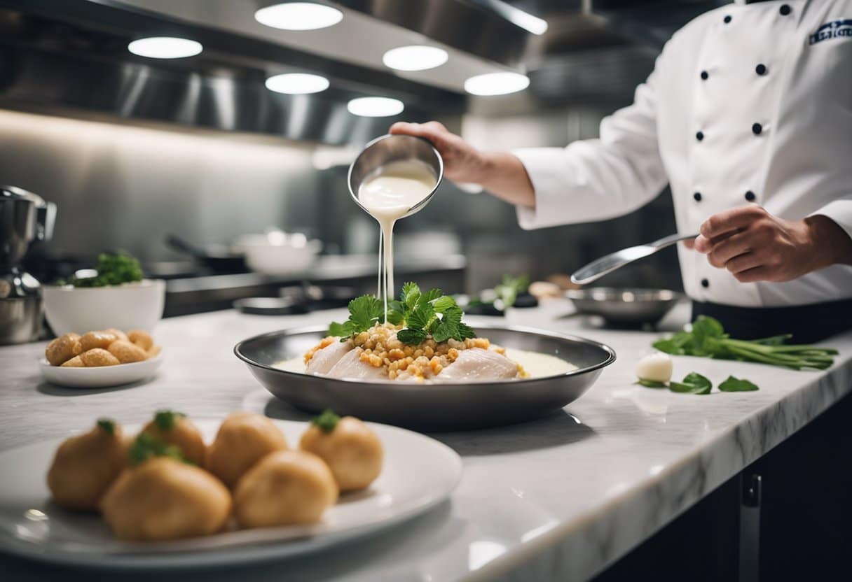 Um chef preparando um prato de frango sem lactose com molho branco em uma cozinha moderna. Ingredientes e utensílios estão organizados de forma ordenada em uma bancada de mármore.