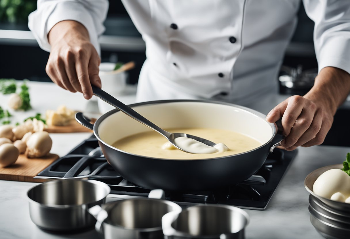 Uma chef despeja leite sem lactose em uma panela com manteiga e farinha borbulhantes, criando um molho branco cremoso e sem lactose para o frango.