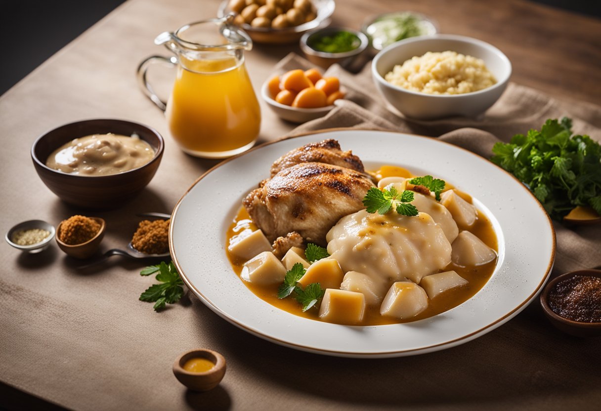 Um prato de frango com molho branco com molho sem lactose, cercado por vários ingredientes e utensílios em uma bancada de cozinha