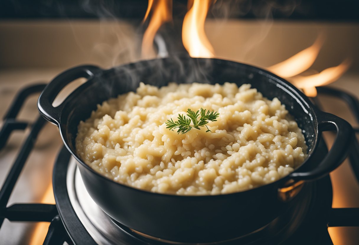 Uma panela fumegante de risoto de parmesão sem laticínios cozinhando no fogão
