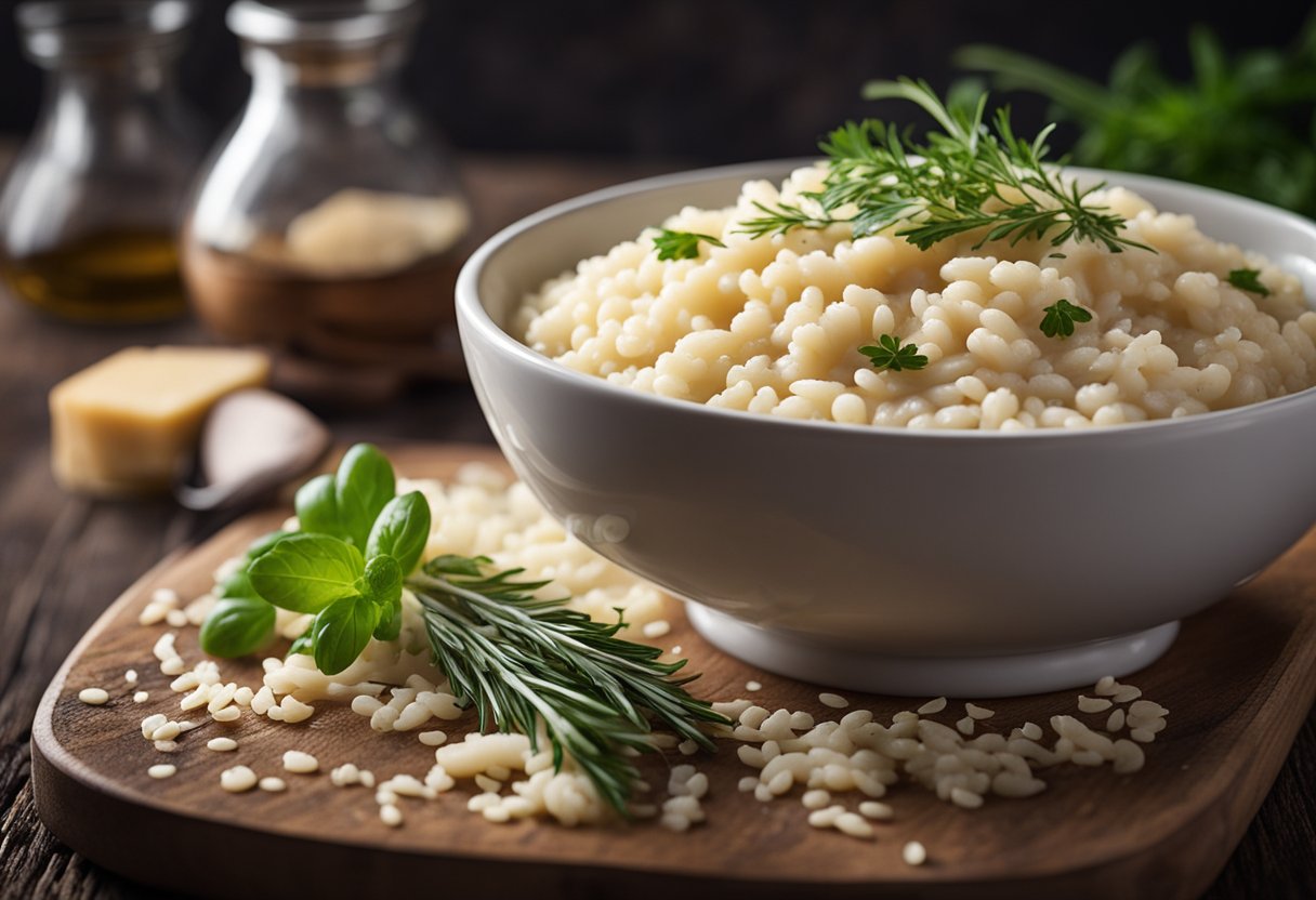 Uma tigela fumegante de risoto de queijo parmesão sem lactose com queijo sem lactose e uma pitada de ervas em uma mesa de madeira rústica