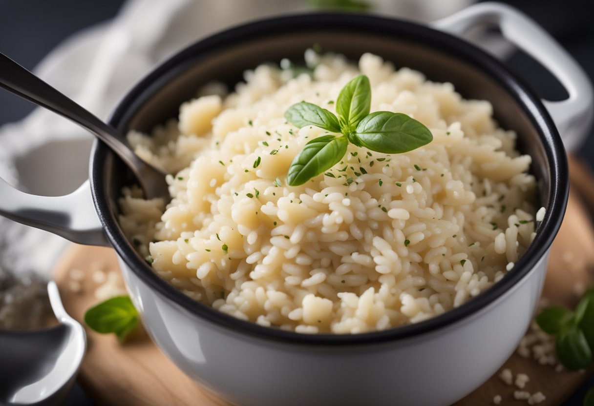 Uma panela fumegante de risoto com uma generosa pitada de queijo parmesão sem lactose derretendo no arroz cremoso.