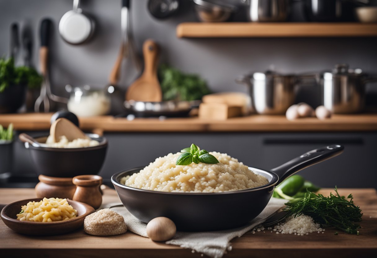 Uma cozinha aconchegante com uma panela fumegante de risoto de parmesão sem laticínios, cercada por ingredientes frescos e utensílios de cozinha