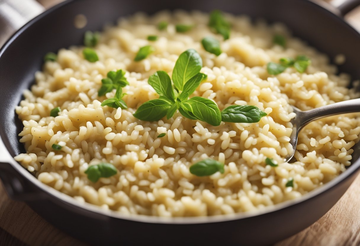 Uma colher de madeira mexendo risoto em uma panela antiaderente, com queijo parmesão ralado e ingredientes sem lactose na bancada.