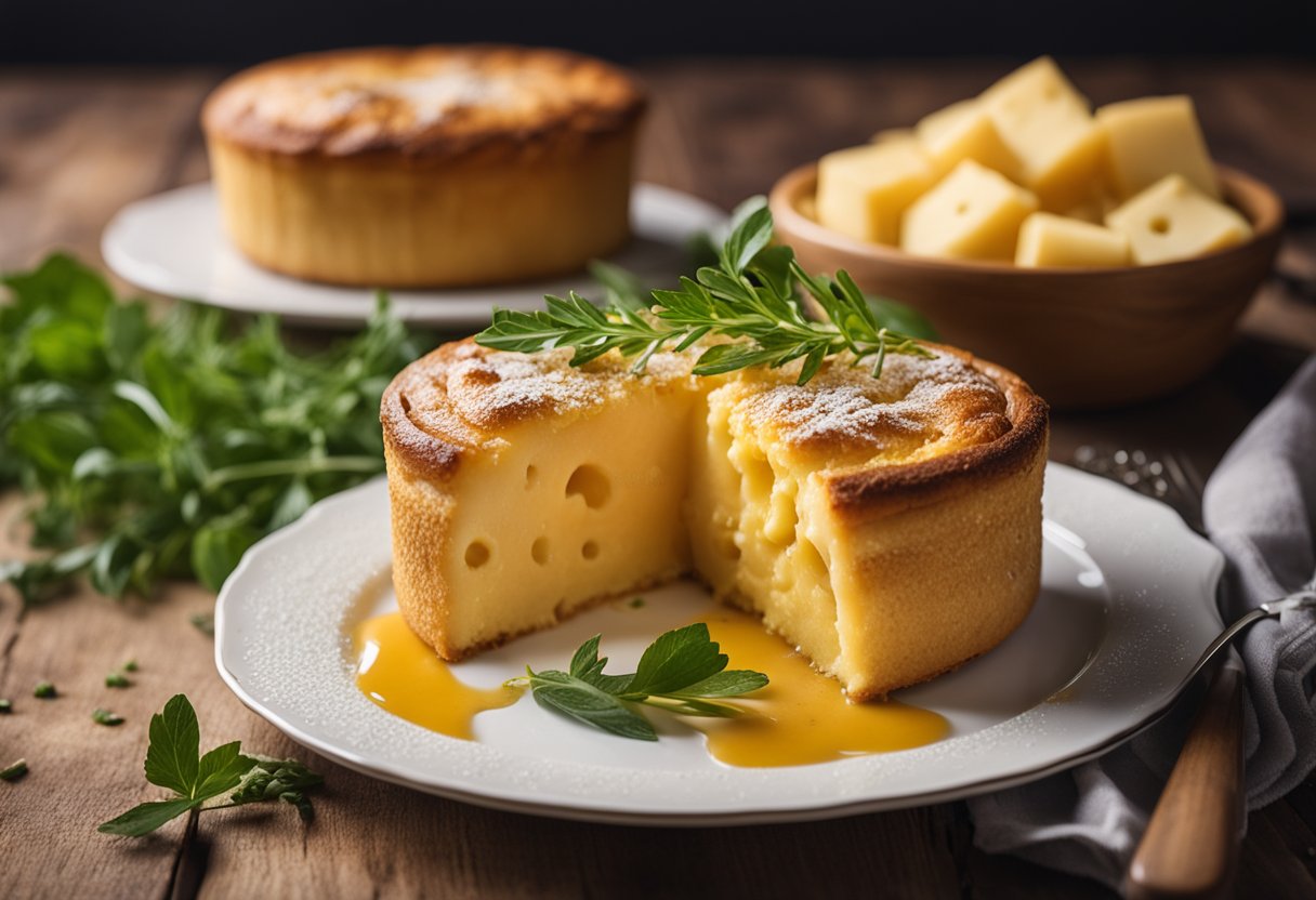 Um soufflé de queijo dourado e marrom repousa sobre uma mesa de madeira rústica, cercado por uma pitada de ervas frescas e um fio de mel.