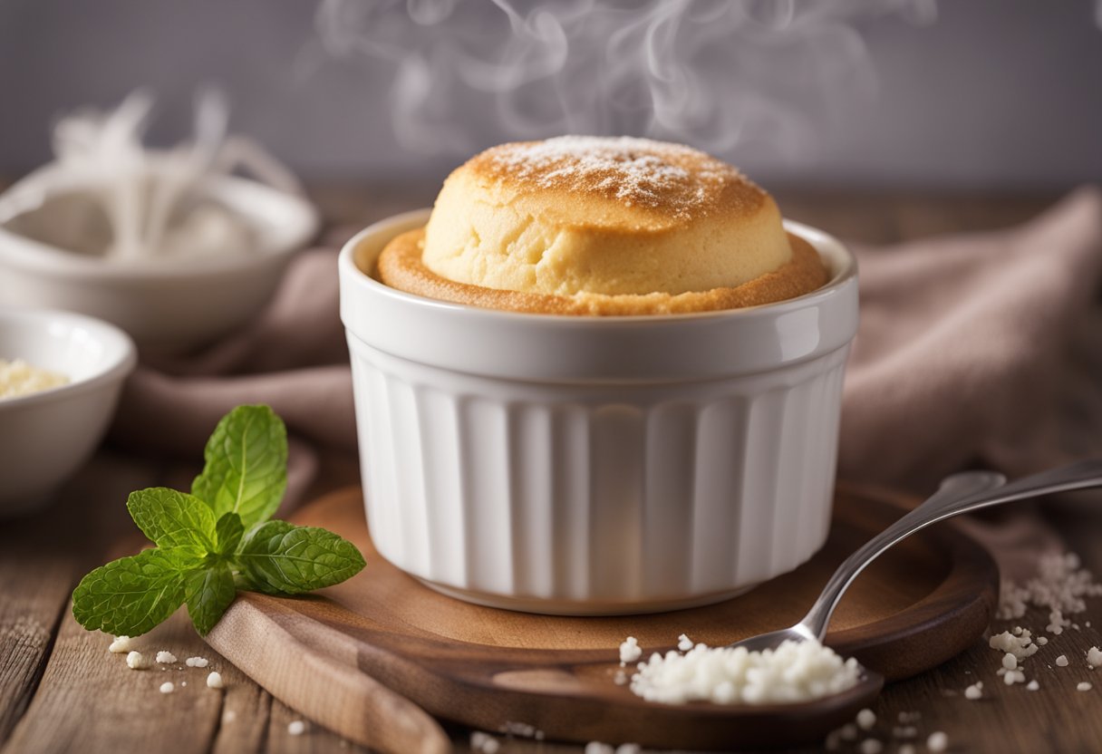 Um soufflé dourado e marrom se eleva de um ramequim de porcelana, com vapor subindo, e uma pitada de queijo sem lactose ralado por cima.