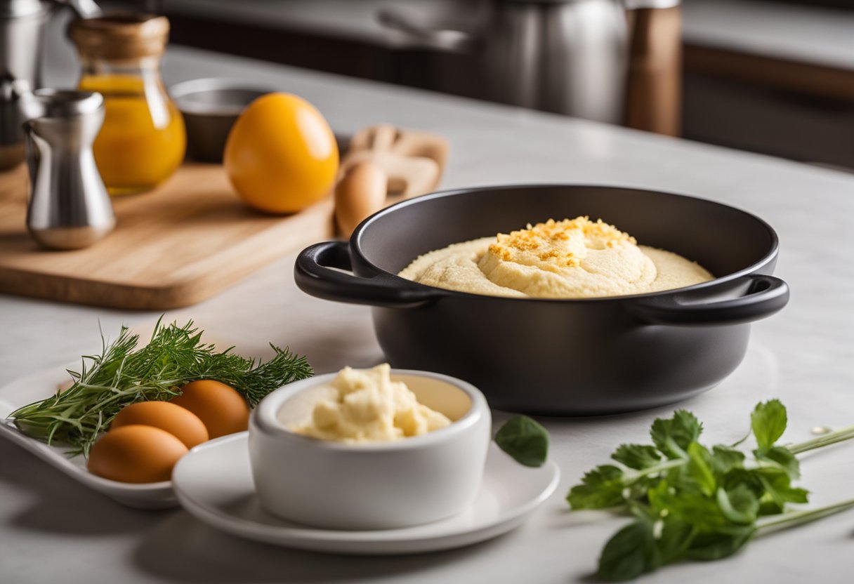 Uma bancada de cozinha com ingredientes para um soufflé de queijo sem lactose, incluindo queijo vegetal, ovos e um batedor.