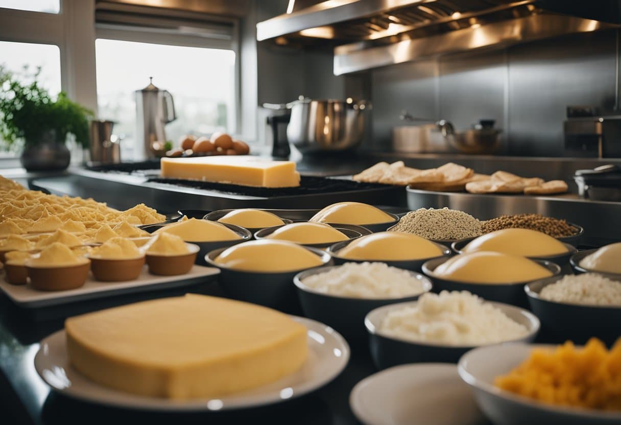 Uma bancada de cozinha com uma variedade de queijos sem lactose, ovos e temperos dispostos para fazer soufflé de queijo sem lactose.