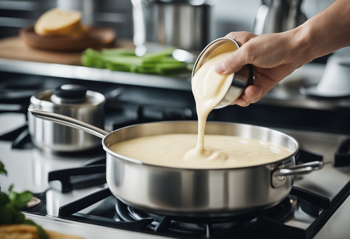 Uma panela de molho bechamel sem laticínios sendo mexida no fogão
