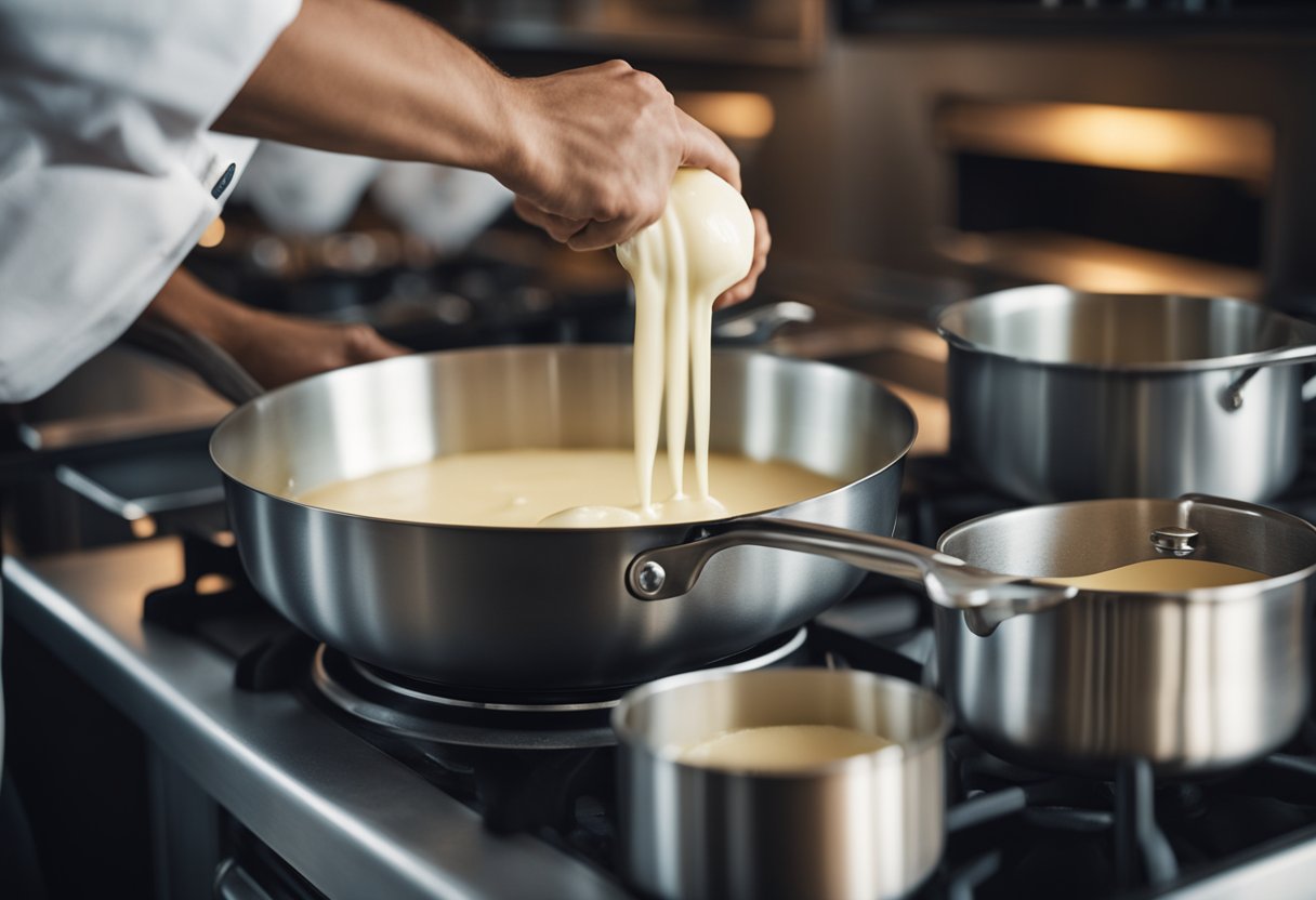 Um chef mexendo uma panela de molho bechamel sem lactose no fogão