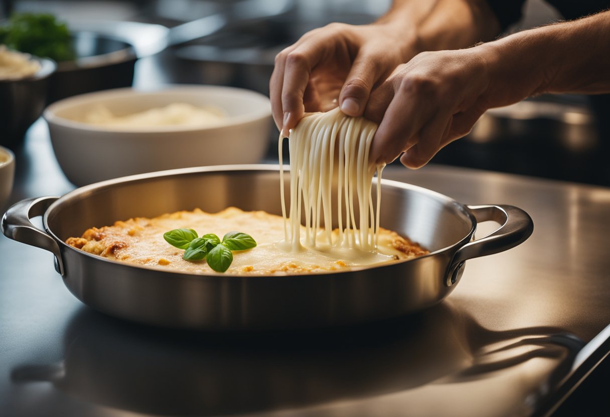 Uma chef despeja molho bechamel sem laticínios sobre um prato fumegante de lasanha, com um batedor e uma tigela por perto.