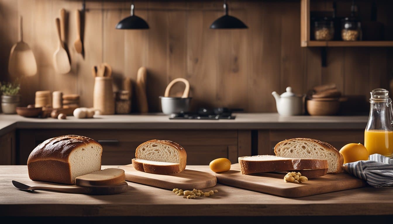 Uma cozinha rústica com uma mesa de madeira segurando um pão recém-assado sem glúten e sem laticínios, cercada por vários ingredientes e utensílios de cozinha.