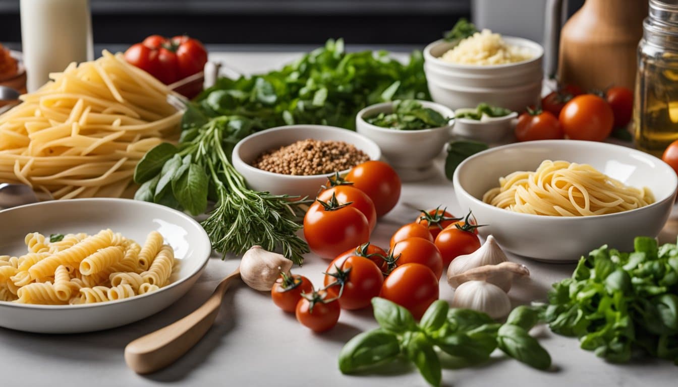 Uma bancada de cozinha com vários ingredientes frescos e utensílios de cozinha, incluindo macarrão, tomates, ervas e molhos sem lactose, prontos para serem preparados para um jantar sem lactose.