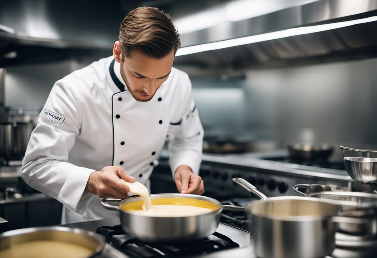 Um chef preparando um molho bechamel sem lactose com ingredientes não lácteos em uma cozinha moderna