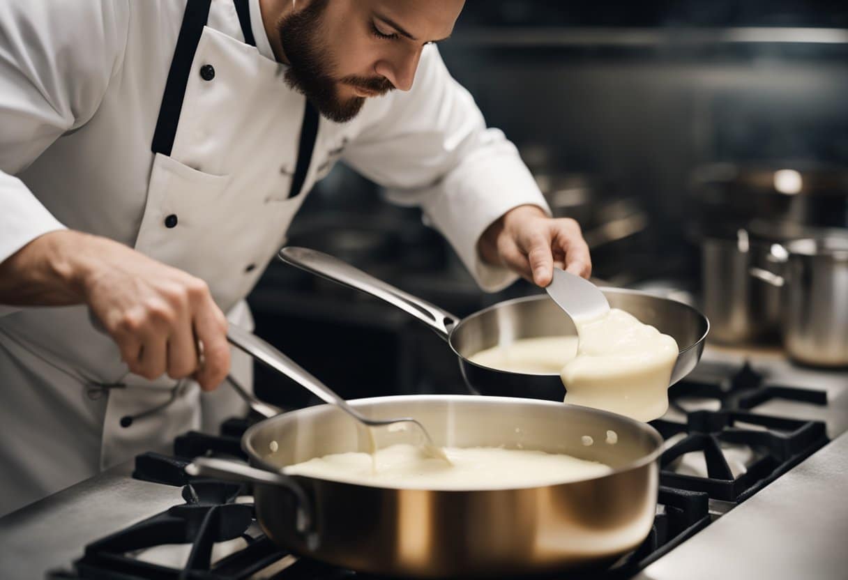 Um chef mexe uma panela no fogão, adicionando ingredientes sem laticínios para criar um molho bechamel cremoso.